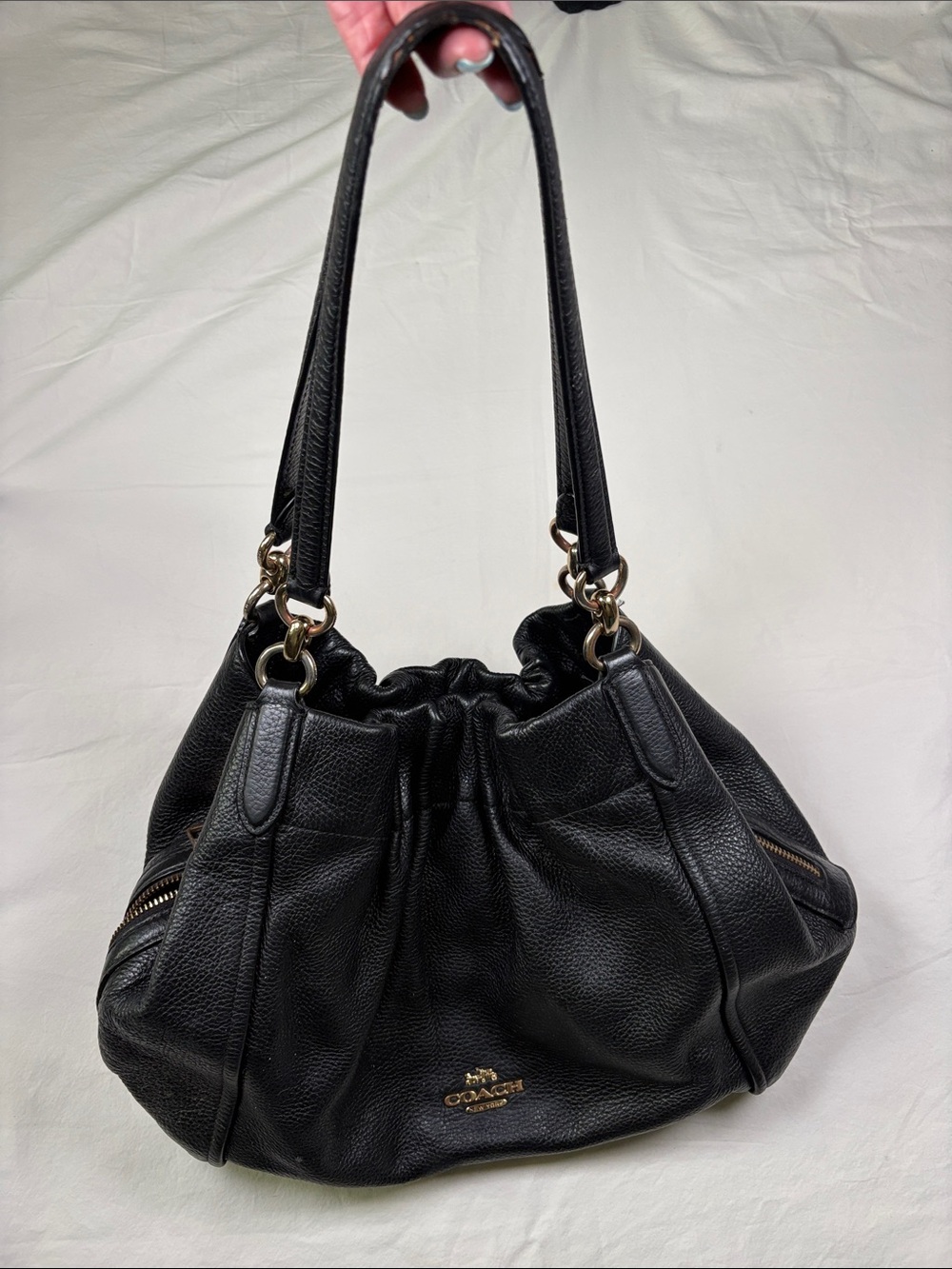 Coach Black Pebbled Leather Ruched Shoulder Bag with Gold Hardware